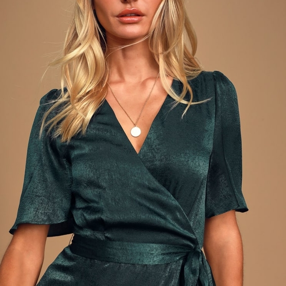 Lulus Wrapped Up In Love Dark Green Satin Faux-Wrap Midi Dress Sz S - Picture 12 of 12